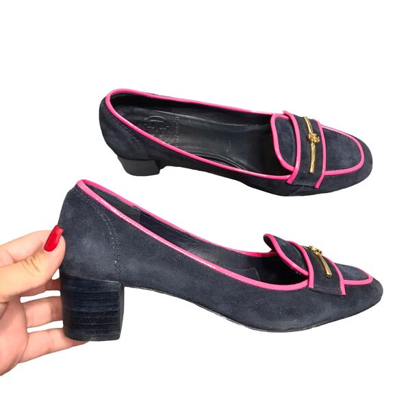 Tory Burch Nora Navy Blue/Pink Suede Loafers Size: 6.5 - Picture 1 of 7